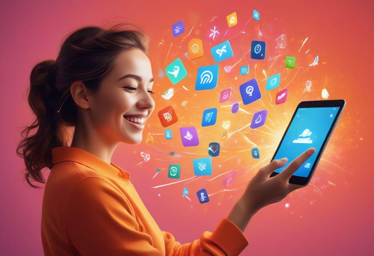 A close-up illustration of a person joyfully clicking on a digital device, surrounded by floating icons symbolizing various services like subscriptions, cleaning, and leisure. The background features a soft, glowing light to signify seamlessness and ease, with colorful arrows indicating automatic renewals. The overall vibe should evoke happiness and convenience. vibrant colors. digital art. soft focus.