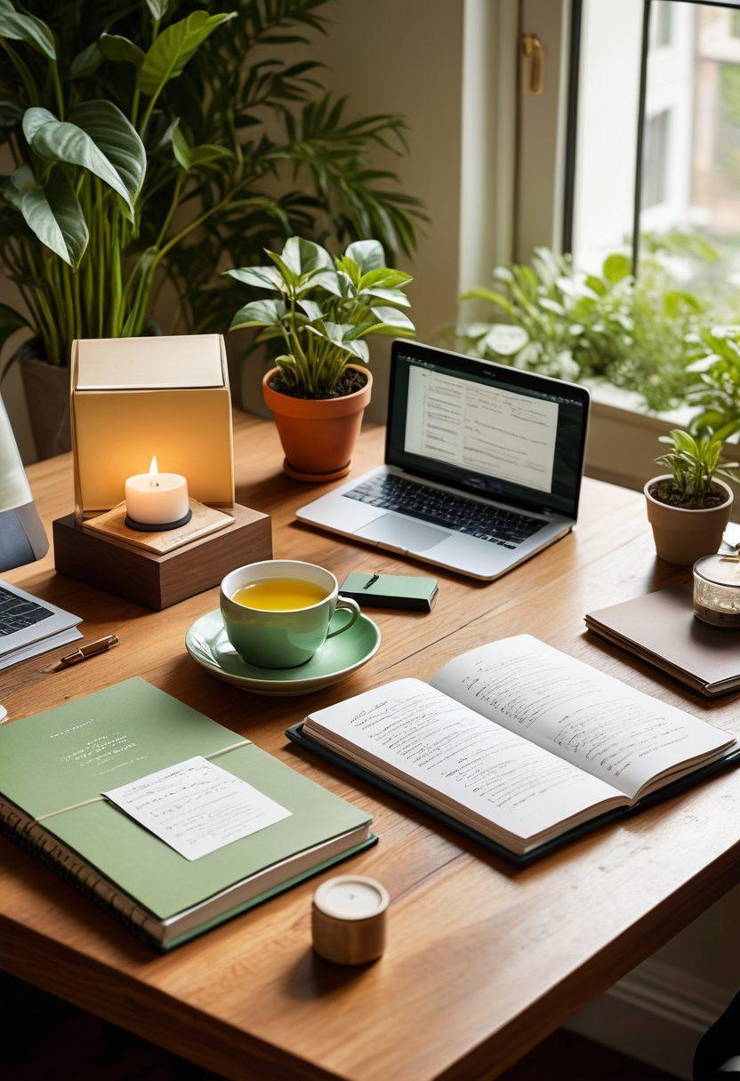 A serene workspace showing an elegant desk with a sleek laptop displaying subscription management software. Surrounding the desk, there are colorful icons of various subscription services like music, video, and e-commerce, radiating a sense of organization and ease. Soft natural lighting filters through a window, illuminating plants that symbolize growth and renewal. A cup of herbal tea and a notepad with notes signify relaxation and mindful management. vibrant colors. super-realistic.